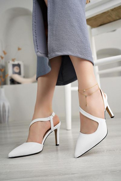 Nesil Shoes Pine 108 Sandale albe de damă decoltate cu toc