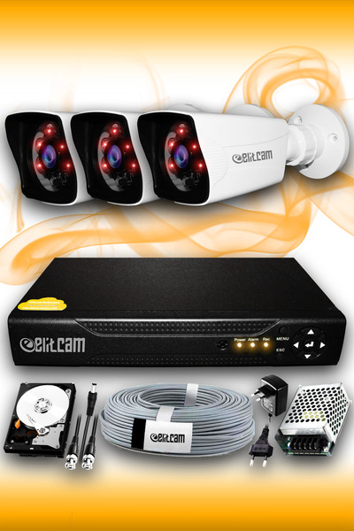 Elitcam 3 Kameralı Kare 3 Dış Kamera Set 320 Gb Hdd Full Hd Gece Görüşlü Güvenlik Kamerası Sistemi