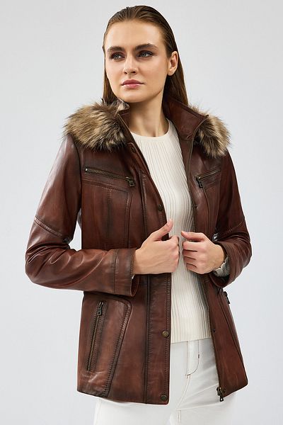 Derimod Rebecca Women's - Brown Hooded Fur Leather Jacket 24Wge5209Nc