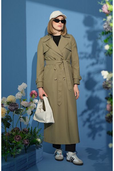 Fatma Atasoy Maxi Trench Coat with Windshield Khaki