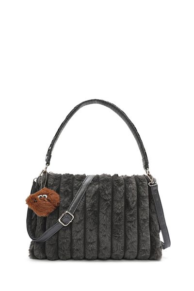 Derimod Women's Gray Plush Shoulder Bag with Accessory Detail 24Wbd2668Ph