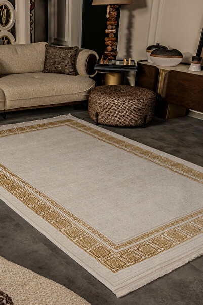 KREASYON HALI Cunda CN004 Bej-Gold Uzun Ömürlü Yumuşak Dokulu Salon Mutfak Ko...