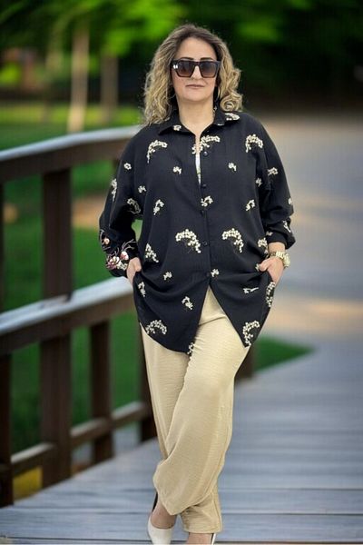 yagmurberen FLAMMED LINEN EMBROIDERY DETAIL SHIRT AEROBIN WAIST RUBBER PANT LARGE SIZE JACKET DOUBLE SET