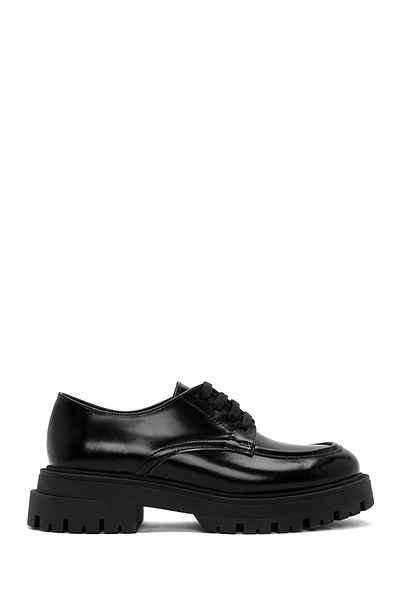 Derimod Women's Black Thick Soled Lace-Up Genuine Leather Masculine Casual Loafer Shoes 24Wfd184922