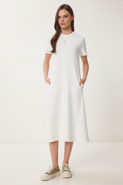 Lovelyİstanbul Ecru Color A-Line Knitted Summer Dress - Lub0005