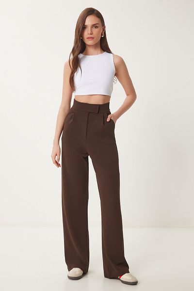 Lovelyİstanbul Relaxed Fit Brown Palazzo Trousers - Velcro Waist Lrv0003
