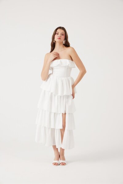 HOLLY LOLLY Στράπλες μακρύ φόρεμα Gracie με βολάν σε λευκό χρώμα