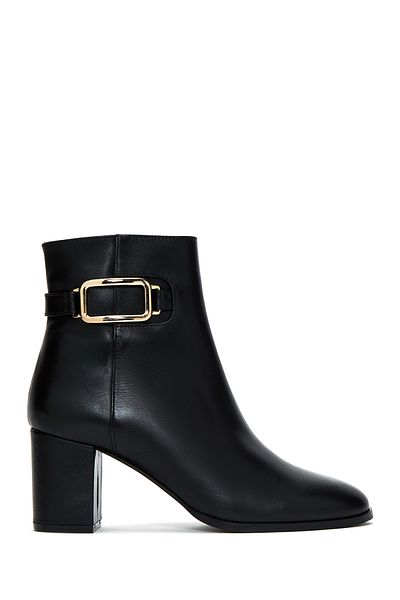 Derimod Black Buckle Detailed Thick Heeled Leather Women's Boots - Zippered 24wfd 161118