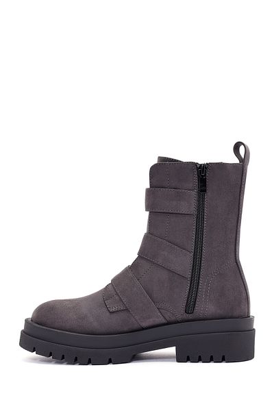 Derimod Women's Gray Zippered Belt Detailed Suede Boots 24Wfe 402010
