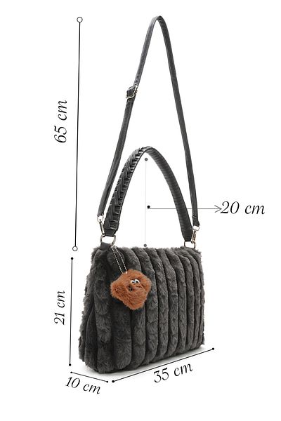 Derimod Women's Gray Plush Shoulder Bag with Accessory Detail 24Wbd2668Ph