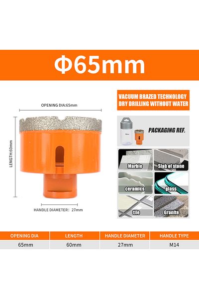 Choice 65mm Diamond Brazed Core Dry Drill Bit 1pc 6-100mm For Porcelain Tiles Marble Glass Granite Hole Cup