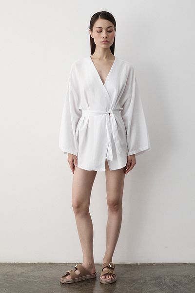 Laluvia Ecru bavlněné kimono s detailem na knoflíky a páskem