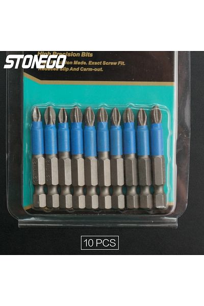 STONEGO Hexagonal 50mm 10 Pcs Stoengo Screwdriver Bits 1/4" Hex Shank Magnetic Cross Screw Head Anti Slip El