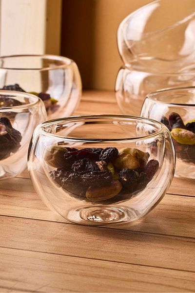 Perotti Bowy 6-Piece Double-Walled Mini Glass Sauce Bowl, Jam Bowl, Dragee Bowl, Turkish Delight Bowl