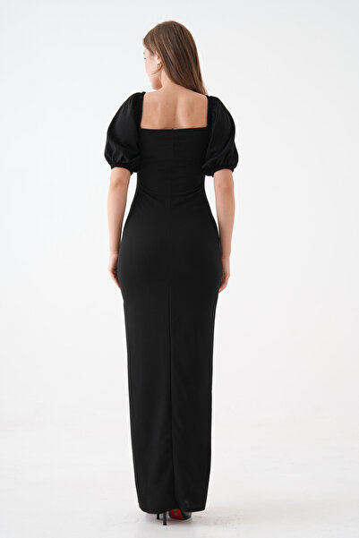 lovebox Γυναικείο ύφασμα κρεπ με διπλό στήθος με λαιμόκοψη με μπαλόνι μανίκι Σχέδιο μαύρο μάξι βραδινό φόρεμα με λεπτομέρεια με σκίσιμο 582853