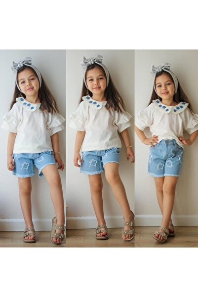 KOKOŞ BEBEK Strawberry Embroidered Denim Shorts Set |   Between 3/10 Years