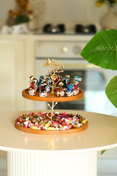 justwood 2 Tiers 25/30 cm Gold Spring Wooden Cake Presentation Stand, Serving Presentation Plate, Catering