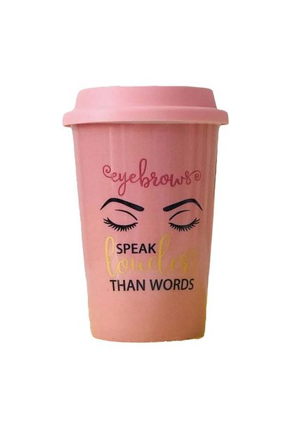 PUFO Ceramic Travel Coffee Mug With Silicone Lid, 415 Ml, Eyebrows Speak Model, Pink