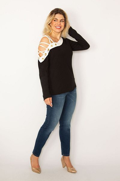 Şans Women's Large Size Black Eyelet Detailed Two Color Blouse 65n36711