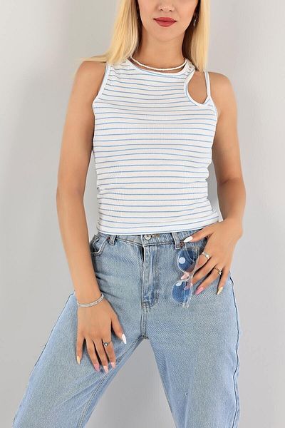 Aslında Look Crop cu mânecă scurtă, cu nervuri, cu design pentru fereastră