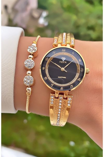 Fiesta Gold Colored Steel Cord Women's Wristwatch and Bracelet Gift