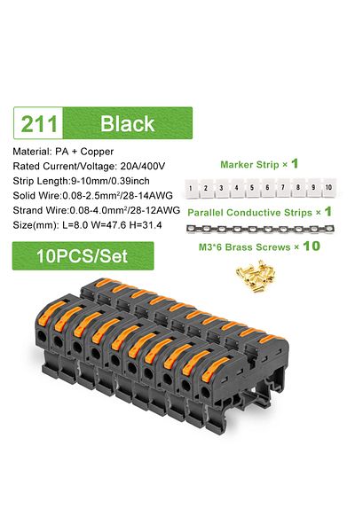 DIY GO 10pcs Black 10pcs Din Rail Terminal Block 211 Wire Electrical Conductor Universal Fast Cable Connect