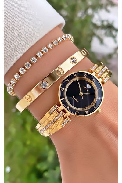 Fiesta Gold Colored Steel Cord Women's Wristwatch and Bracelet Gift