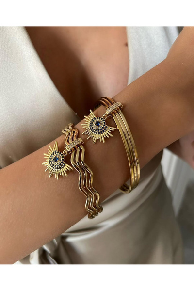 Kyver Çelik Ajda Bilezik Charmlı Ajda Bilezik 3lü Zirkon Taşlı Güneş Model Gold