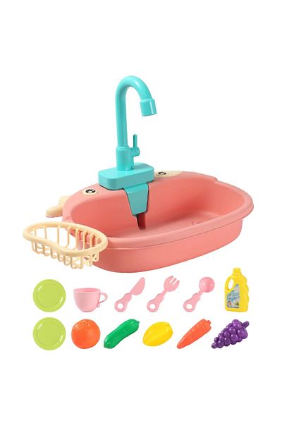 GGbell Pink Kids Kitchen Sink Toys Simulation Electric Dishwasher Mini Kitchen Food Pretend Play House Toy