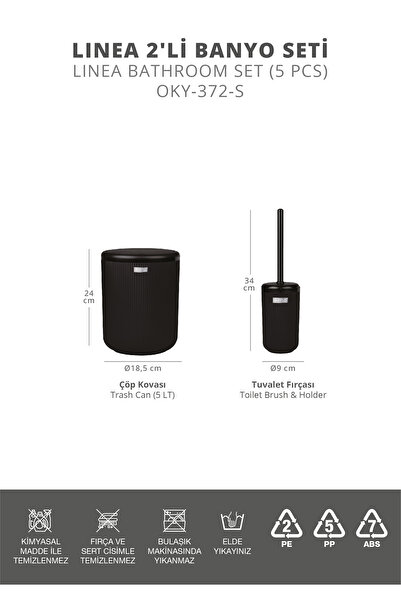 Okyanus Home Linea Siyah Çizgili Yuvarlak 2'li Wc Kova Ve Fırça Seti