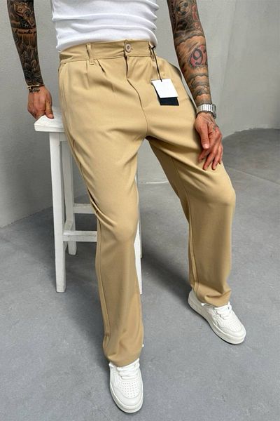 MADZEYMODA Men's Baggy Fit Pleated Camel Fabric Trousers Ke-1000
