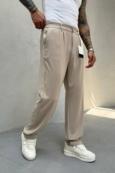 MADZEYMODA Ανδρικό φαρδύ παντελόνι KE-1000 Model - Πλισέ Κρεμ ύφασμα
