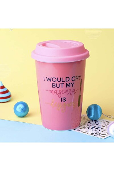 PUFO ceramic travel coffee mug with silicone lid, 415 ml, My mascara is Designer model, pink