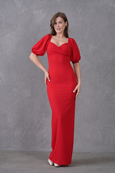 bayansepeti Red Crepe Fabric Double Breasted Collar Balloon Sleeve Design Slit Detailed Maxi Dress582853