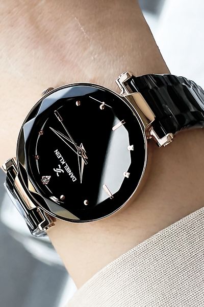 Daniel Klein Women's Wristwatch 3 Atm Waterproof, Cut Glass, Black Color Steel Cord Gdkb2003c7