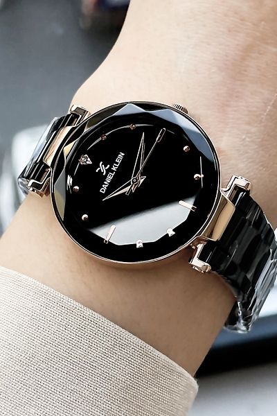 Daniel Klein Women's Wristwatch 3 Atm Waterproof Black-Rose Gold Color Steel Cord + Bracelet Wlg214