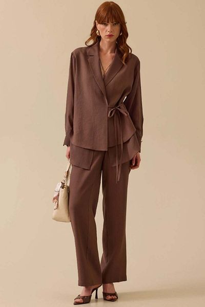 SEÇİL Women's Loose Wide Leg Linen Trousers - Brown
