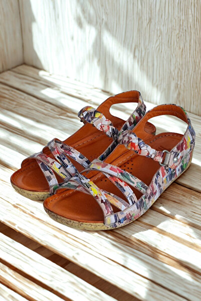 İNZE AYAKKABI Multicolored Pink Braided Genuine Leather Sandals Model Bougainvillea