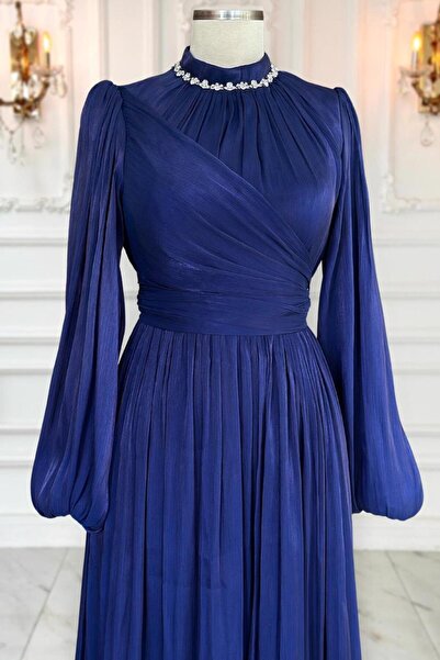 TRENDTESETTÜR KADIN LACİVERT YAKASI TAŞLI ABİYE ELBİSE T 6063