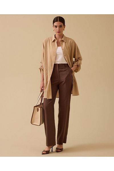 SEÇİL Women's Loose Wide Leg Linen Trousers - Brown