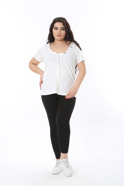 Şans Women's Plus Size Bone Front Trim Placket and Neck Ruffle Detail Lycra Blouse 65N38760