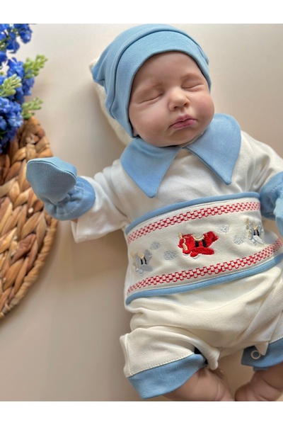 Mama Miel Baby Uçak Nakışlı Yazlık Mavi Yenidoğan Tulum Set - Summer Edition