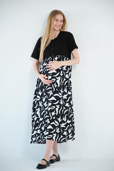 BUSA Maternity Short Sleeve Crew Neck Midi Length Patterned Dress Black