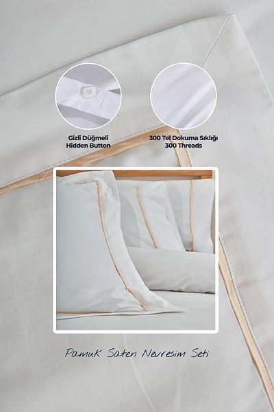 Evlen Home Collection 300 Tc King Σετ Παπλωματοθήκη από βαμβακερό σατέν Battal Double 6 τεμαχίων Κρέμα Off White Secret
