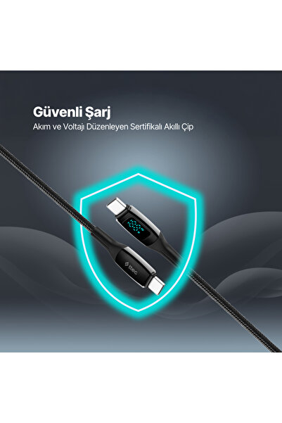 Ttec AlumiCable LCD USB-C – USB-C 100W PD/QC 150cm Hızlı Şarj/Data Kablosu ,Siyah