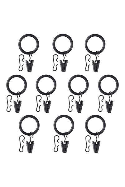 IKEA 10 Adet Perde Halkası Seti Ikea Perde Askısı Çap: 25 mm Klipsi 10 Kanca10 Halka 10 Siyah A Kalite