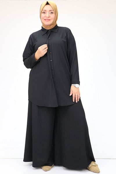 Eslina 47073 Σετ Μαύρο Ζαρωμένο Παντελόνι Plus Size