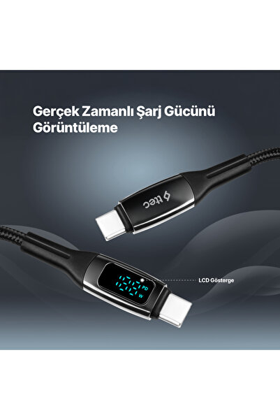 Ttec AlumiCable LCD USB-C – USB-C 100W PD/QC 150cm Hızlı Şarj/Data Kablosu ,Siyah
