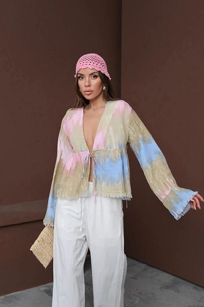 FEMMESTUDIO Women's V-Neck Color Patterned Yumoş Muslin Kimono with Lacing Detail