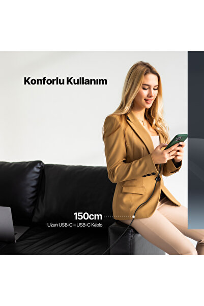 Ttec AlumiCable LCD USB-C – USB-C 100W PD/QC 150cm Hızlı Şarj/Data Kablosu ,Siyah